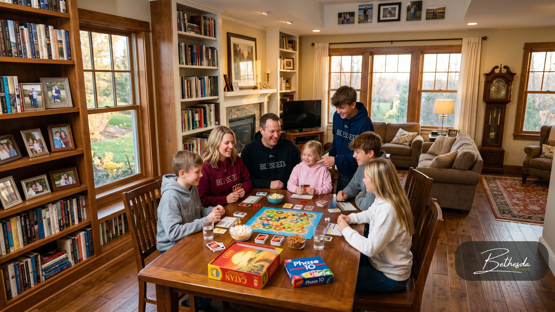 Whole family playing a board game, wearing matching Blessed Bethesda attire