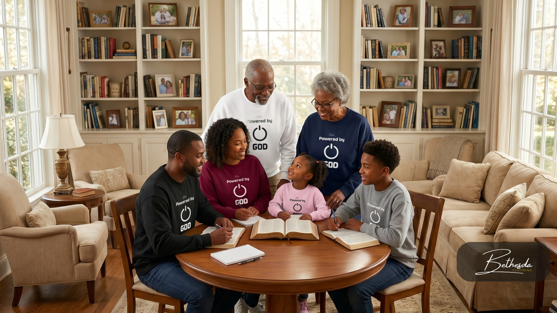 Family Bible study in matching Bethesda Powered by God sweatshirts